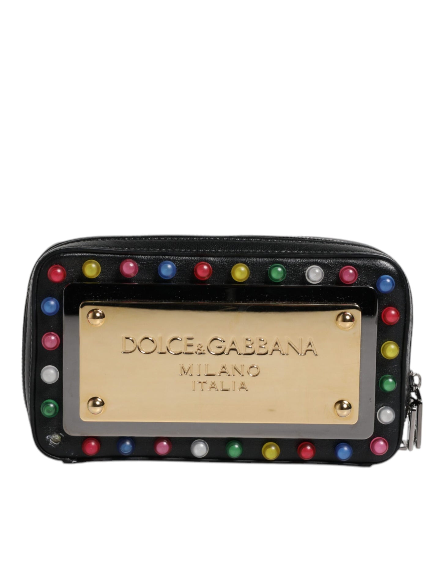 Dolce &amp; Gabbana Clutch aus schwarzem Leder mit LED-Logo und Handgelenksriemen