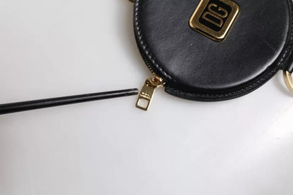 Dolce &amp; Gabbana – Schwarzes rundes Leder-Geldbörse mit DG-Logo und Schlüsselband