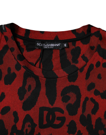 Dolce &amp; Gabbana – Rotes T-Shirt aus Baumwolle mit Leopardenmuster und kurzen Ärmeln