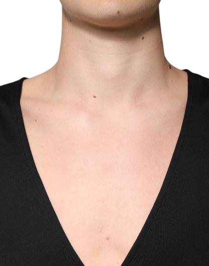 Dolce &amp; Gabbana – Schwarzes T-Shirt aus Baumwolle mit V-Ausschnitt und kurzen Ärmeln