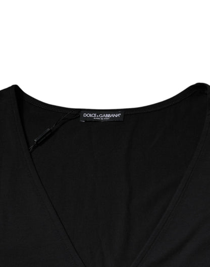 Dolce &amp; Gabbana – Schwarzes T-Shirt aus Baumwolle mit V-Ausschnitt und kurzen Ärmeln