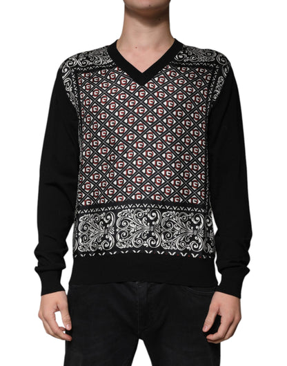 Dolce &amp; Gabbana – Schwarzer Wollpullover mit V-Ausschnitt und Logo