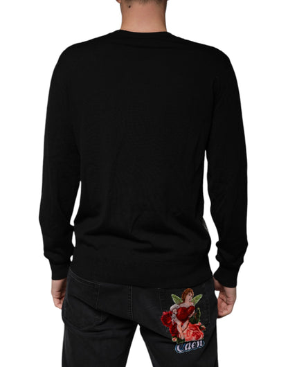 Dolce &amp; Gabbana – Schwarzer Wollpullover mit V-Ausschnitt und Logo