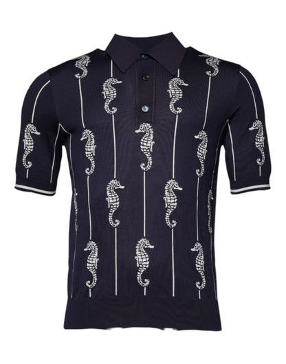 Dolce &amp; Gabbana – Dunkelblaues Poloshirt mit Seepferdchen-Kragen