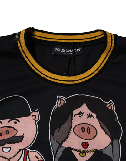 Dolce &amp; Gabbana – Schwarzes T-Shirt mit Rundhalsausschnitt „Jahr des Schweins 2019“