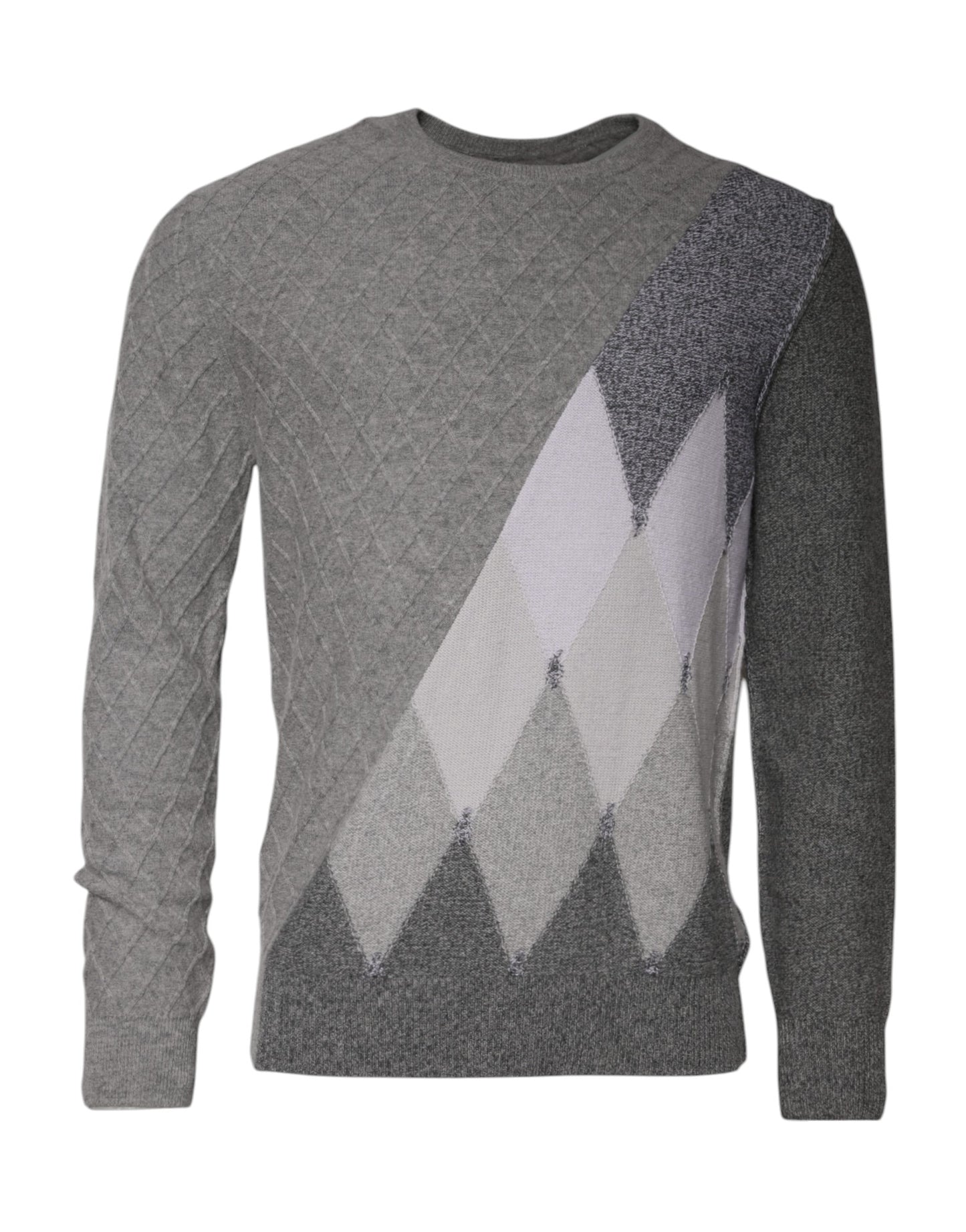 Ballantyne – Grauer Kaschmir-Strickpullover mit Argyle-Intarsienmuster und Rundhalsausschnitt