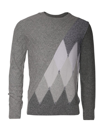 Ballantyne – Grauer Kaschmir-Strickpullover mit Argyle-Intarsienmuster und Rundhalsausschnitt
