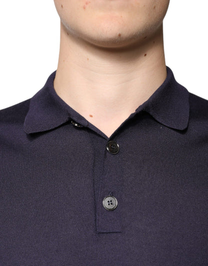 Dolce &amp; Gabbana – Blaues Polo-T-Shirt aus Seide mit Kragen und kurzen Ärmeln