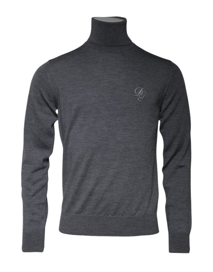 Dolce &amp; Gabbana Grauer Rollkragenpullover aus Wolle mit Logo