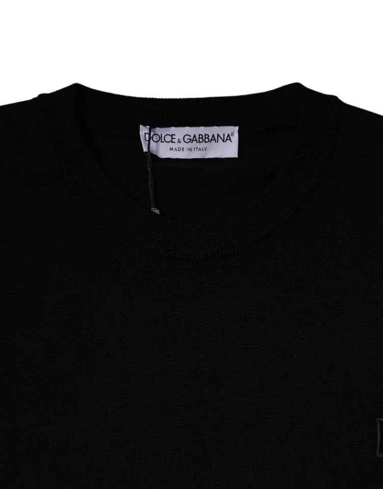 Dolce &amp; Gabbana – Schwarzer Pullover aus Wolle mit Rundhalsausschnitt und Logo