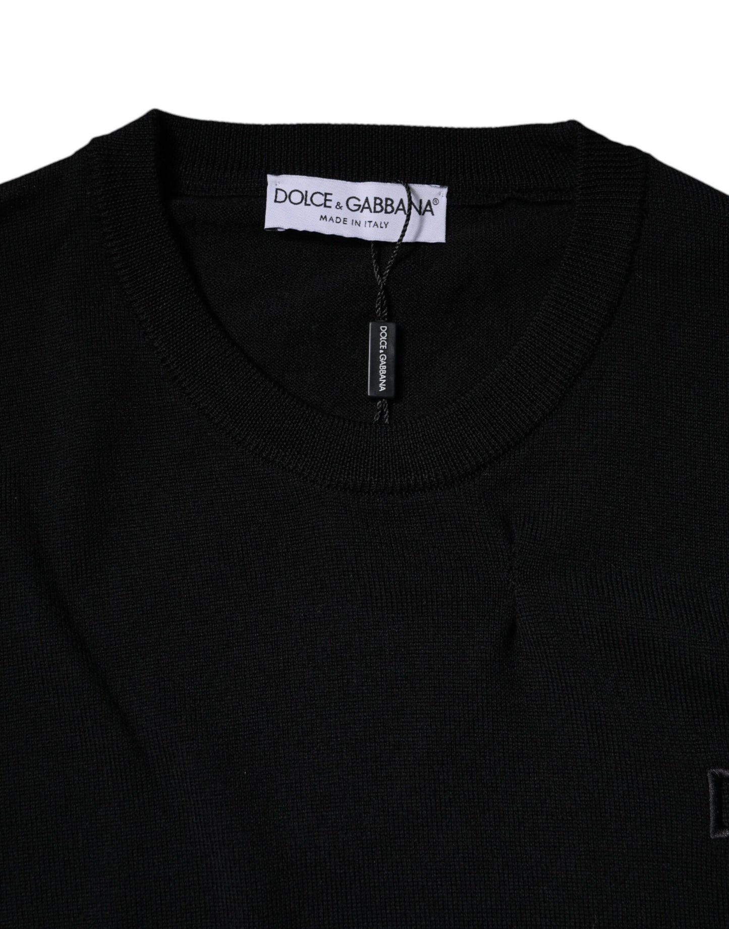 Dolce &amp; Gabbana – Schwarzer Pullover aus Wolle mit Rundhalsausschnitt und Logo