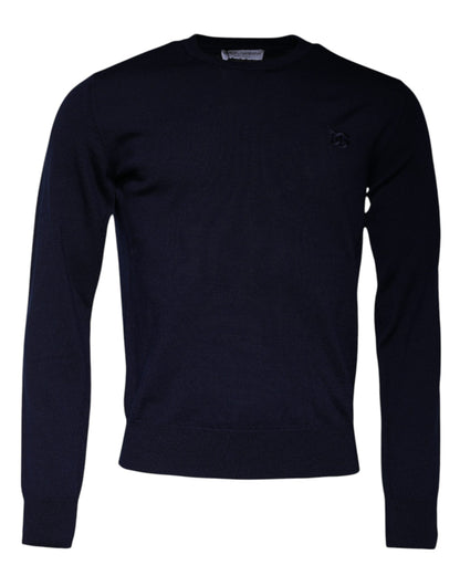 Dolce &amp; Gabbana, blauer Pullover aus Wolle mit Rundhalsausschnitt und DG-Logo