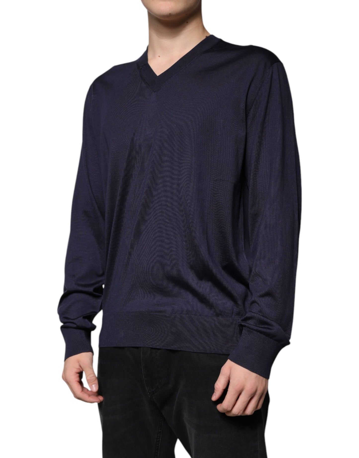 Dolce &amp; Gabbana Marineblauer Seidenpullover mit V-Ausschnitt
