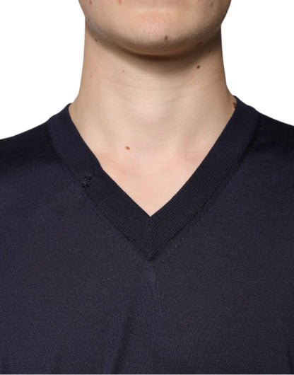 Dolce &amp; Gabbana Marineblauer Seidenpullover mit V-Ausschnitt