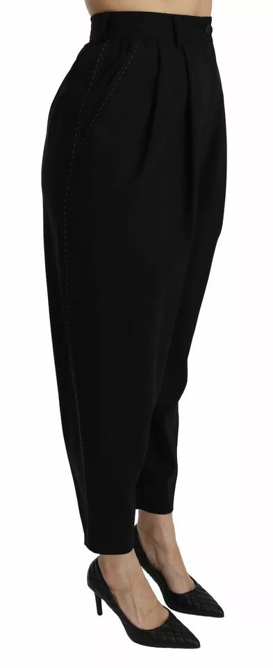 Dolce &amp; Gabbana – Schwarze, verkürzte Hose aus Wolle mit hoher Taille und Falten vorne