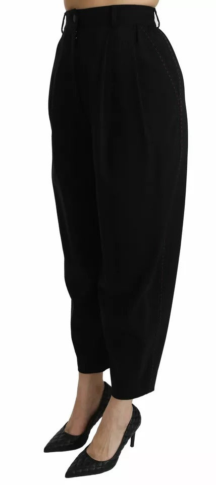 Dolce &amp; Gabbana – Schwarze, verkürzte Hose aus Wolle mit hoher Taille und Falten vorne