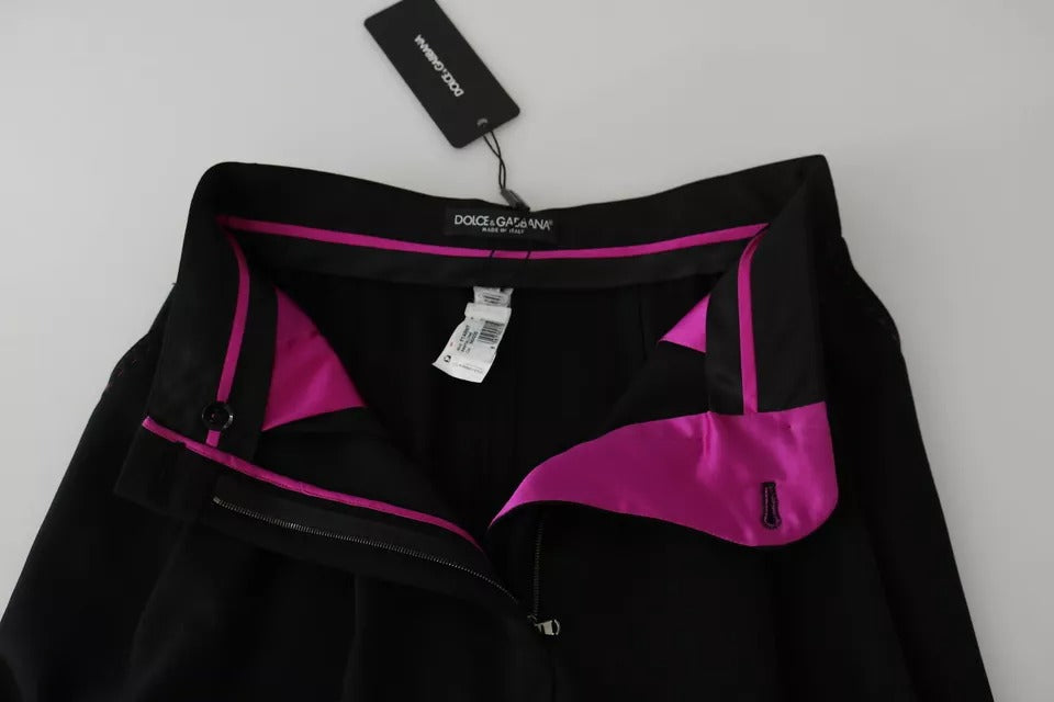 Dolce &amp; Gabbana – Schwarze, verkürzte Hose aus Wolle mit hoher Taille und Falten vorne