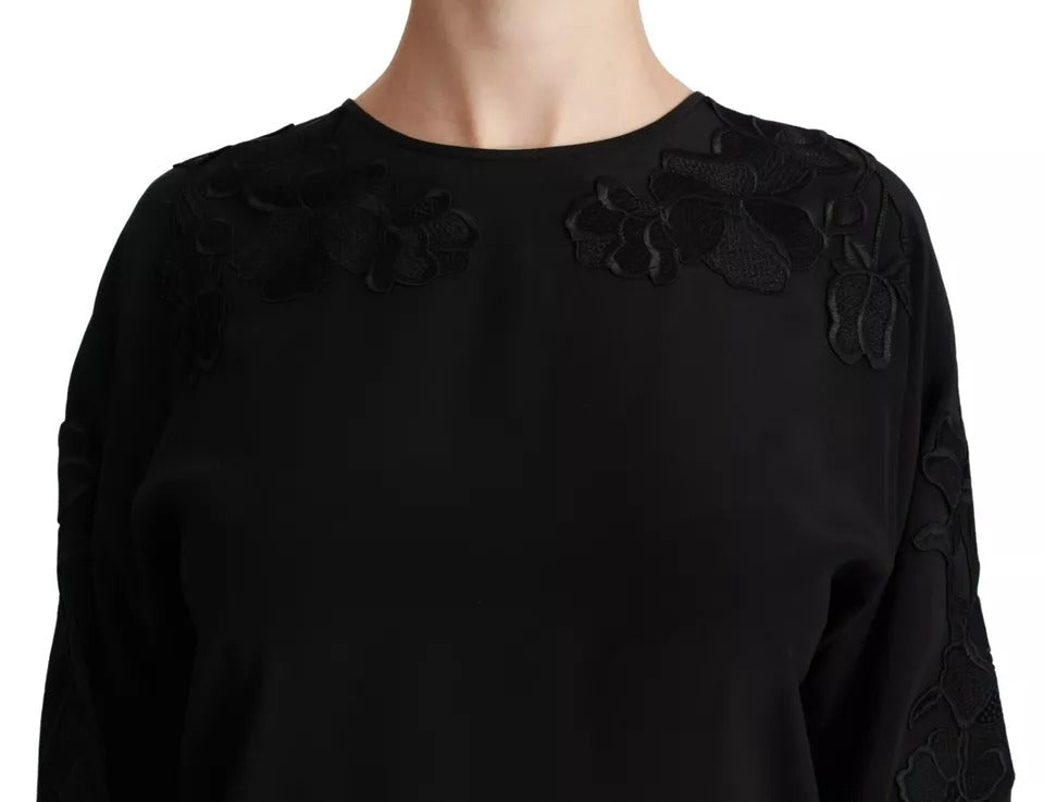 Dolce &amp; Gabbana – Schwarze Bluse mit Blumenstickerei, Seidentop