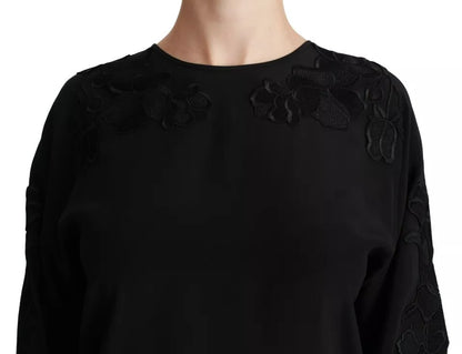 Dolce &amp; Gabbana – Schwarze Bluse mit Blumenstickerei, Seidentop