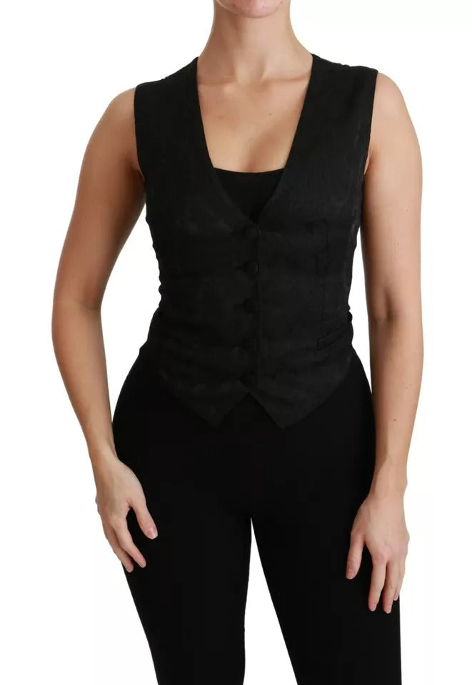 Dolce &amp; Gabbana Schwarze Spitzenweste, schmales Seidentop