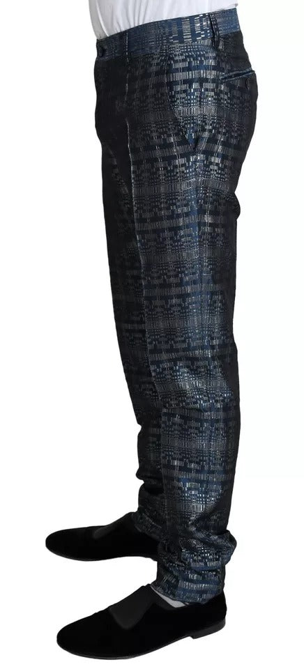 Dolce &amp; Gabbana – Blau-silberner, glänzender, zweiteiliger, schmaler GOLD-Anzug