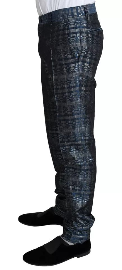 Dolce &amp; Gabbana – Blau-silberner, glänzender, zweiteiliger, schmaler GOLD-Anzug