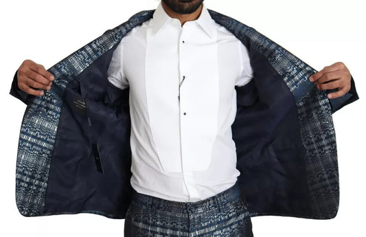 Dolce &amp; Gabbana – Blau-silberner, glänzender, zweiteiliger, schmaler GOLD-Anzug
