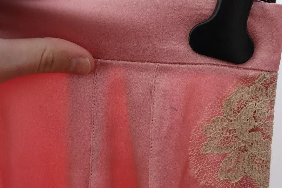 Dolce &amp; Gabbana – Hose aus Seidensatin mit weitem Bein und Spitzenbesatz in Rosa