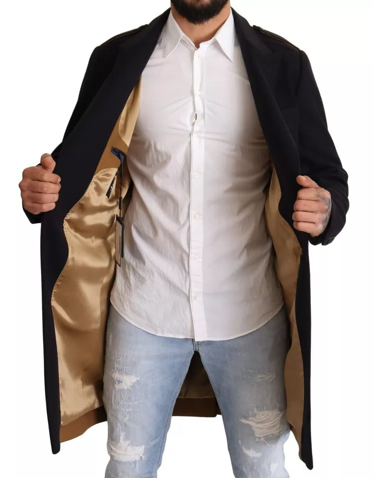 Dolce &amp; Gabbana Blauer Trenchcoat Lange Woll-Stretchjacke