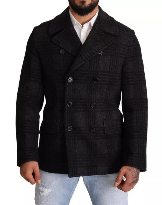 Dolce &amp; Gabbana – Schwarzer Trenchcoat mit Karomuster aus Wolle