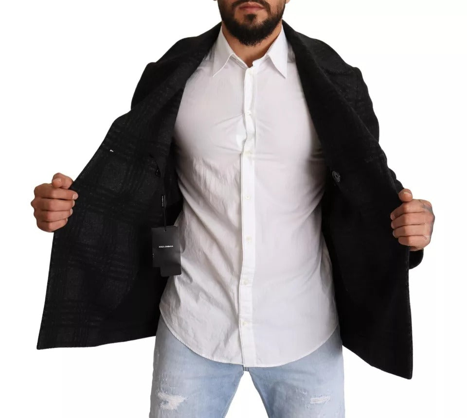 Dolce &amp; Gabbana – Schwarzer Trenchcoat mit Karomuster aus Wolle