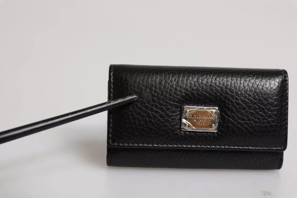 Dolce &amp; Gabbana – Dreifach faltbarer Schlüsselanhänger mit Logo-Plakette aus schwarzem Leder und goldenem Metall