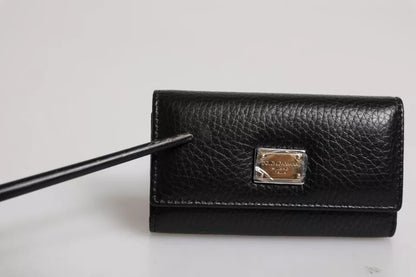 Dolce &amp; Gabbana – Dreifach faltbarer Schlüsselanhänger mit Logo-Plakette aus schwarzem Leder und goldenem Metall