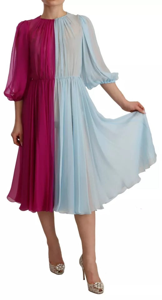 Dolce &amp; Gabbana – Zweifarbiges Midikleid aus hellblauer Seide in Fuchsia