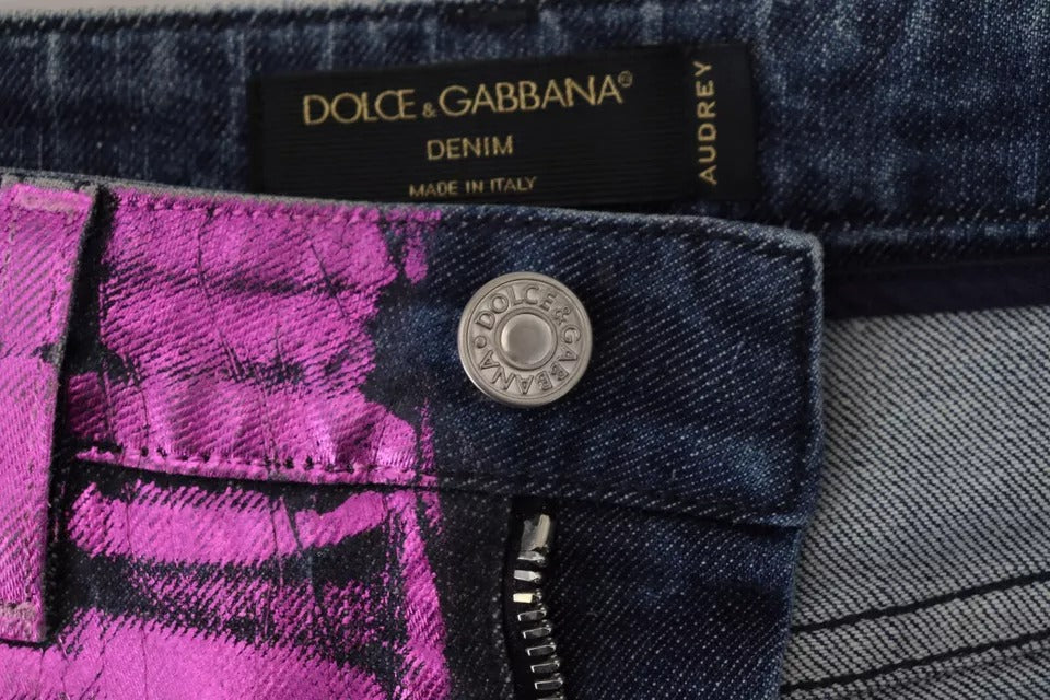 Dolce &amp; Gabbana – Slim Fit-Jeans aus Baumwolle mit Leopardenmuster in Lila
