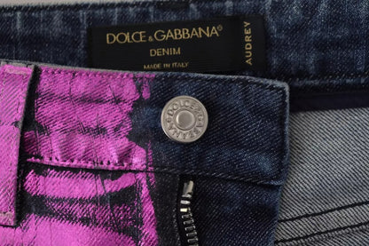 Dolce &amp; Gabbana – Slim Fit-Jeans aus Baumwolle mit Leopardenmuster in Lila