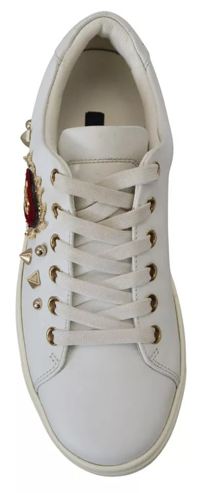 Dolce &amp; Gabbana Weiße Leder Gold Rote Herz Sneakers Schuhe