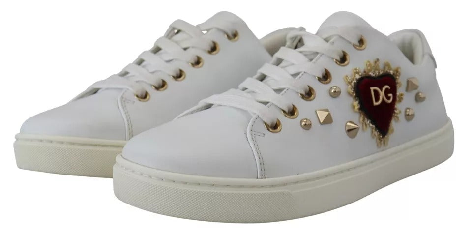 Dolce &amp; Gabbana Weiße Leder Gold Rote Herz Sneakers Schuhe