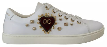 Dolce &amp; Gabbana Weiße Leder Gold Rote Herz Sneakers Schuhe