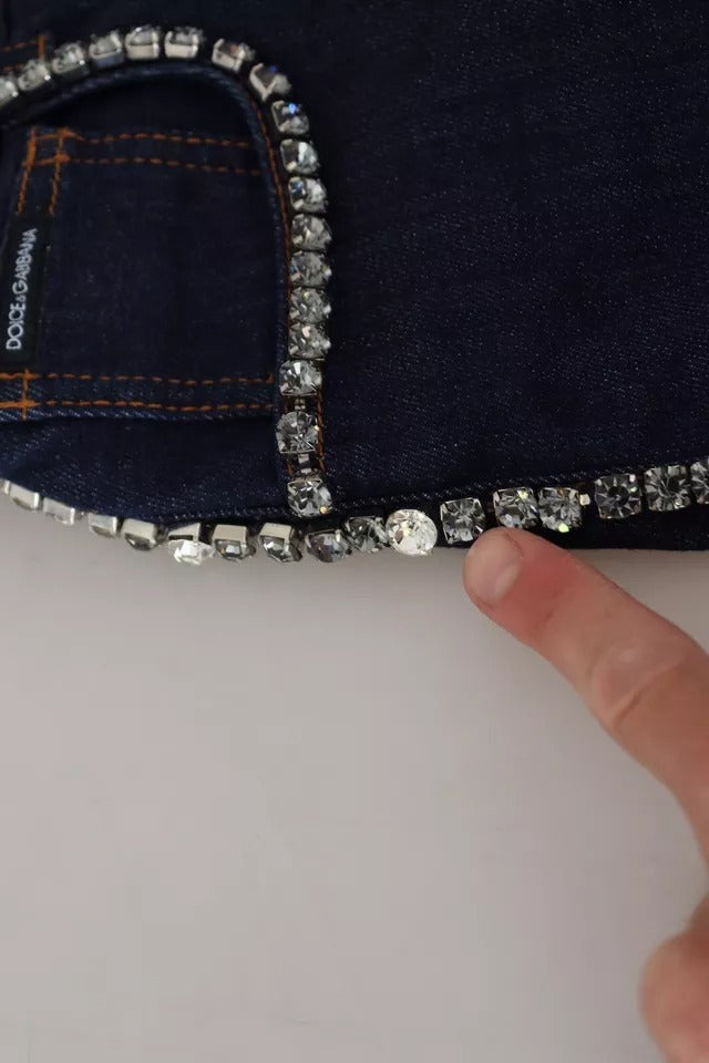 Dolce &amp; Gabbana – Hotpants-Shorts aus Stretch-Denim mit Kristallen in Blau