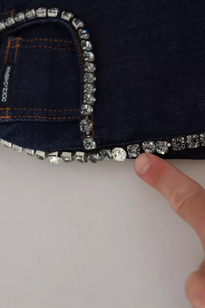Dolce &amp; Gabbana – Hotpants-Shorts aus Stretch-Denim mit Kristallen in Blau