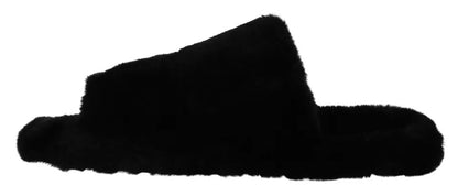 Dolce &amp; Gabbana Schwarze Polyester Kunstpelz Herren Flache Sandalen Schuhe