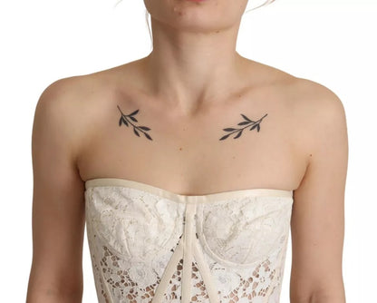 Dolce &amp; Gabbana – Weißes, trägerloses, kurzes Bustier-Top aus floraler Spitze
