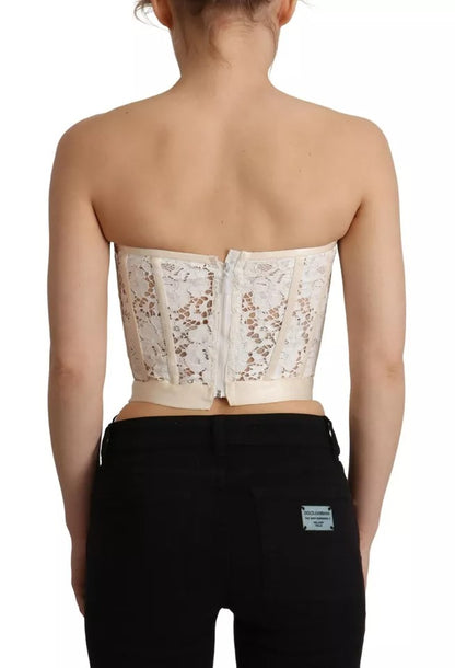 Dolce &amp; Gabbana – Weißes, trägerloses, kurzes Bustier-Top aus floraler Spitze