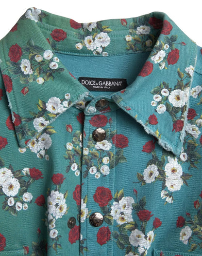 Dolce &amp; Gabbana – Blaues Jeanshemd aus Baumwolle mit Knopfleiste und Blumenmuster