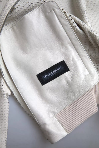 Dolce &amp; Gabbana – Jacke aus perforiertem Leder mit durchgehendem Reißverschluss in Off-White