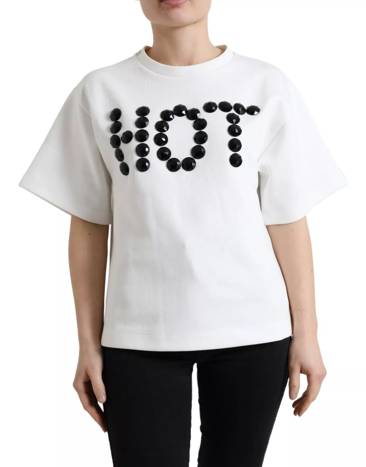 Dolce &amp; Gabbana Weißes Baumwollstretch-T-Shirt mit schwarzem HOT-Kristall