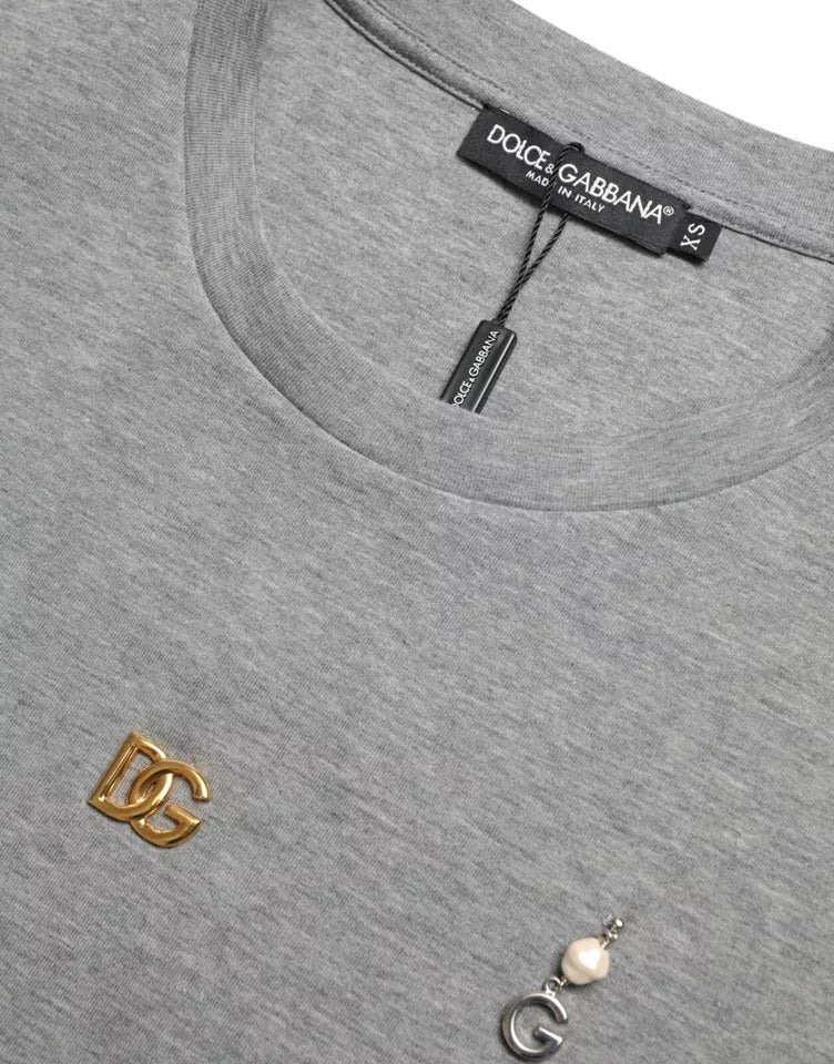 Dolce &amp; Gabbana – Graues, verziertes T-Shirt mit Rundhalsausschnitt aus Baumwolle