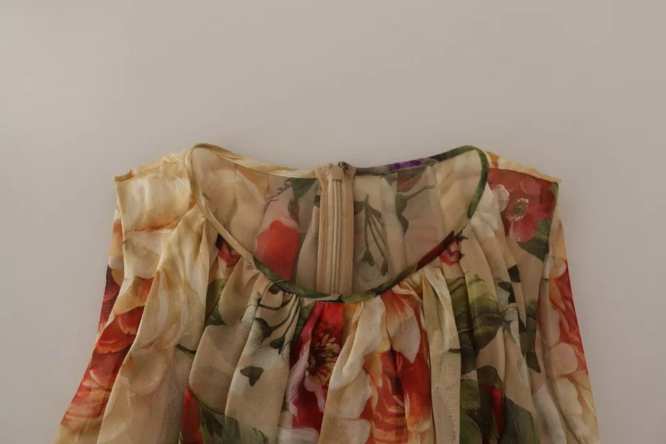 Dolce &amp; Gabbana Beiges, ärmelloses Minikleid mit Rundhalsausschnitt und Blumenmuster