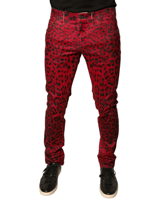 Dolce &amp; Gabbana – Rote Skinny-Jeans aus Baumwollstretch mit Leopardenmuster